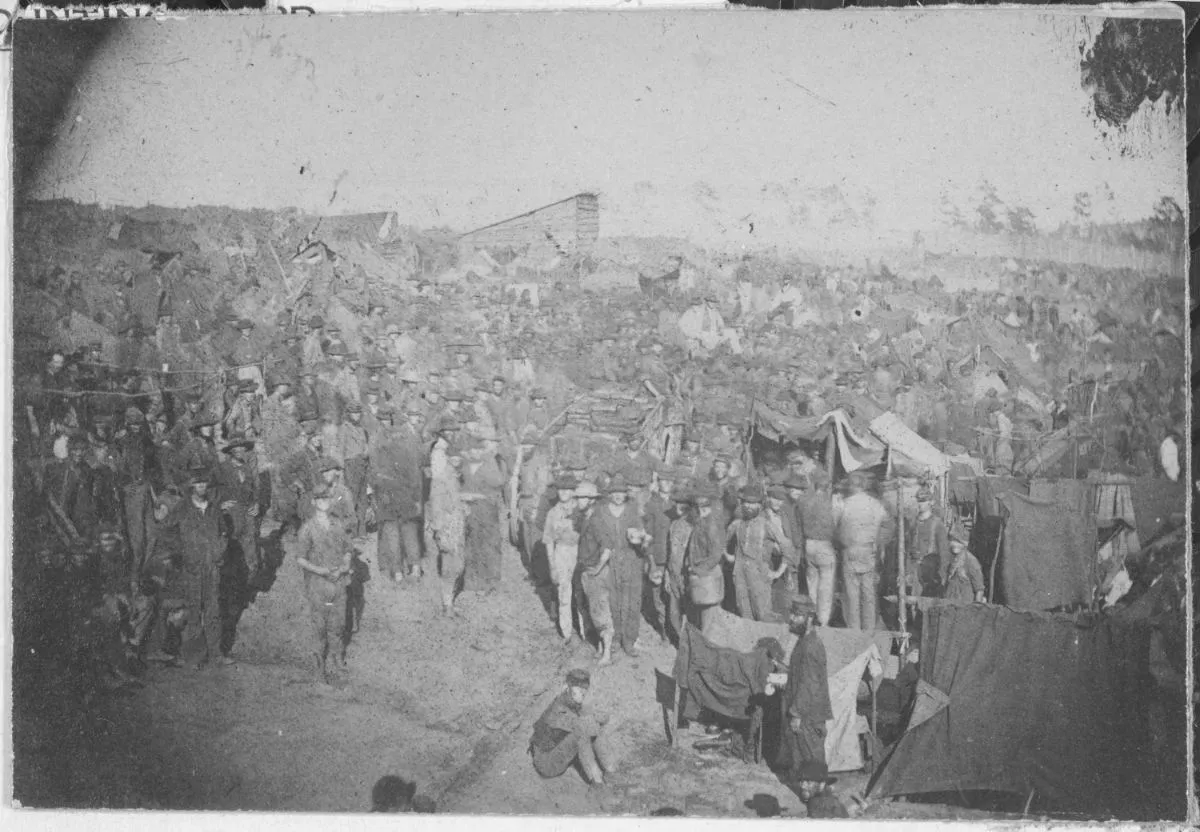 Union prisoners recieving rations at Andersonville Prison. August 17th 1864